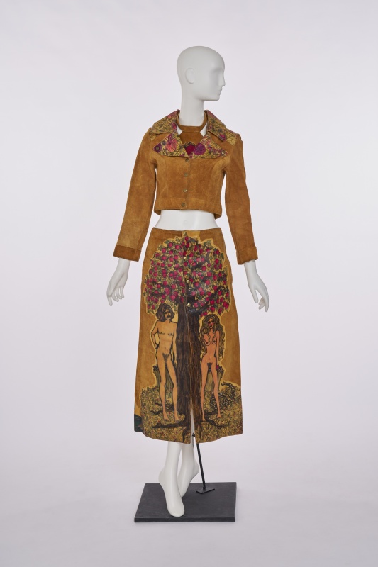 A J Cooper hand-painted suede and leather Adam & Eve ensemble, 1970s