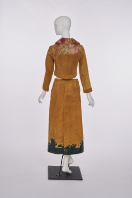 A J Cooper hand-painted suede and leather Adam & Eve ensemble, 1970s - 2