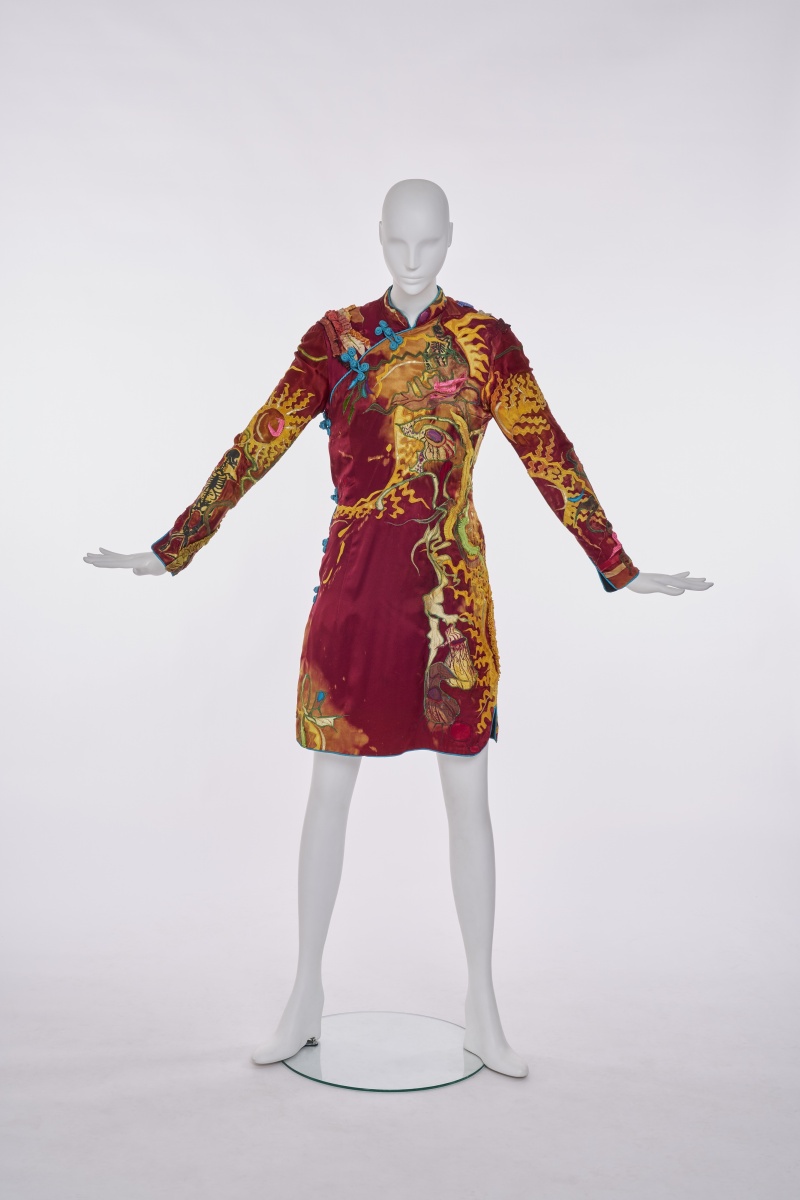 A Nina Vivian Huryn printed magenta satin 'Monkey Cup' dress, 1977