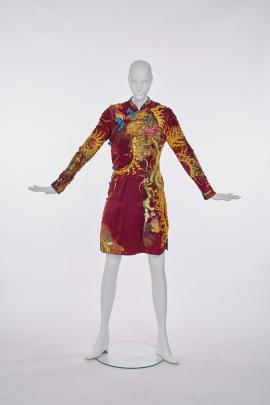 A Nina Vivian Huryn printed magenta satin 'Monkey Cup' dress, 1977