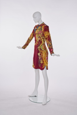 A Nina Vivian Huryn printed magenta satin 'Monkey Cup' dress, 1977 - 2
