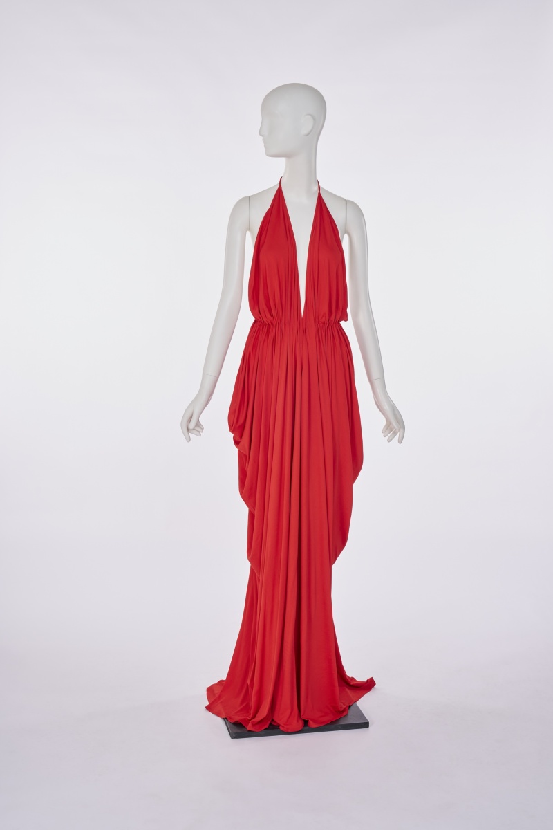 A Gnyuki Torimaru (Yuki) red Hurel silk jersey halterneck dress, 1990s remake of 1976