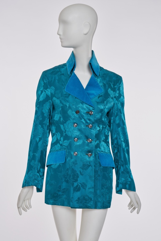 A Brent & Collins for Take 6 men's turqoise damask satin blazer, 1960s