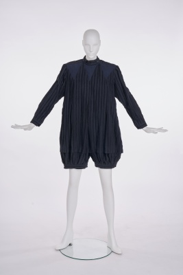 An Issey Miyake frayed black and navy cotton playsuit, Autumn-Winter 1981-82