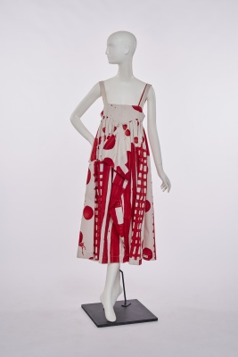 A Stuart Memberey red and white printed cotton pinafore dress, 1990s