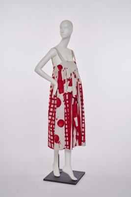 A Stuart Memberey red and white printed cotton pinafore dress, 1990s - 2
