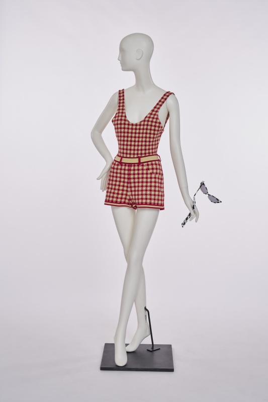 An Azzedine Ala&iuml;a red and beige checked stretch cotton ensemble, 'Tati' collection, Spring-Summer 1991