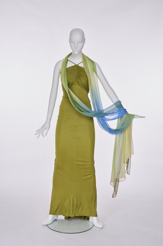 A Giorgio di Sant Angelo green stretch jersey evening gown and stole late 1980s