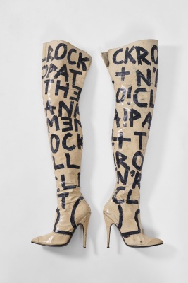 A pair of rare Stephen Sprouse graffiti-painted patent boots, late 1980s-early 1990s