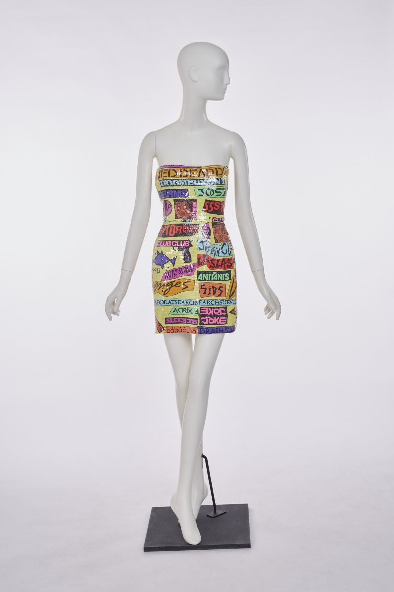 A Stephen Sprouse sequined 'Scrambled Rock' print nylon mini dress, 'Burnout 88' collection, Spring-Summer 1988