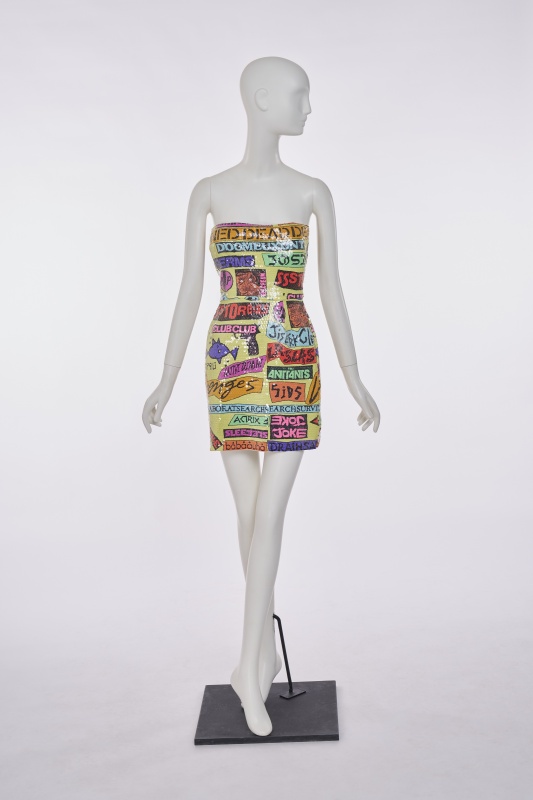 A Stephen Sprouse sequined 'Scrambled Rock' print nylon mini dress, 'Burnout 88' collection, Spring-Summer 1988