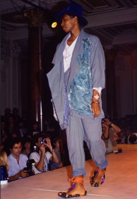A rare Westwood/McLaren blue-grey cotton and velvet shirt, 'Punkature (Hobo)' collection, Spring-Summer 1983 - 2