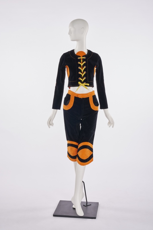 A Mr Freedom black and orange baseball suit, designed by Diana Crawshaw, 1971