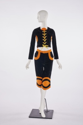 A Mr Freedom black and orange baseball suit, designed by Diana Crawshaw, 1971