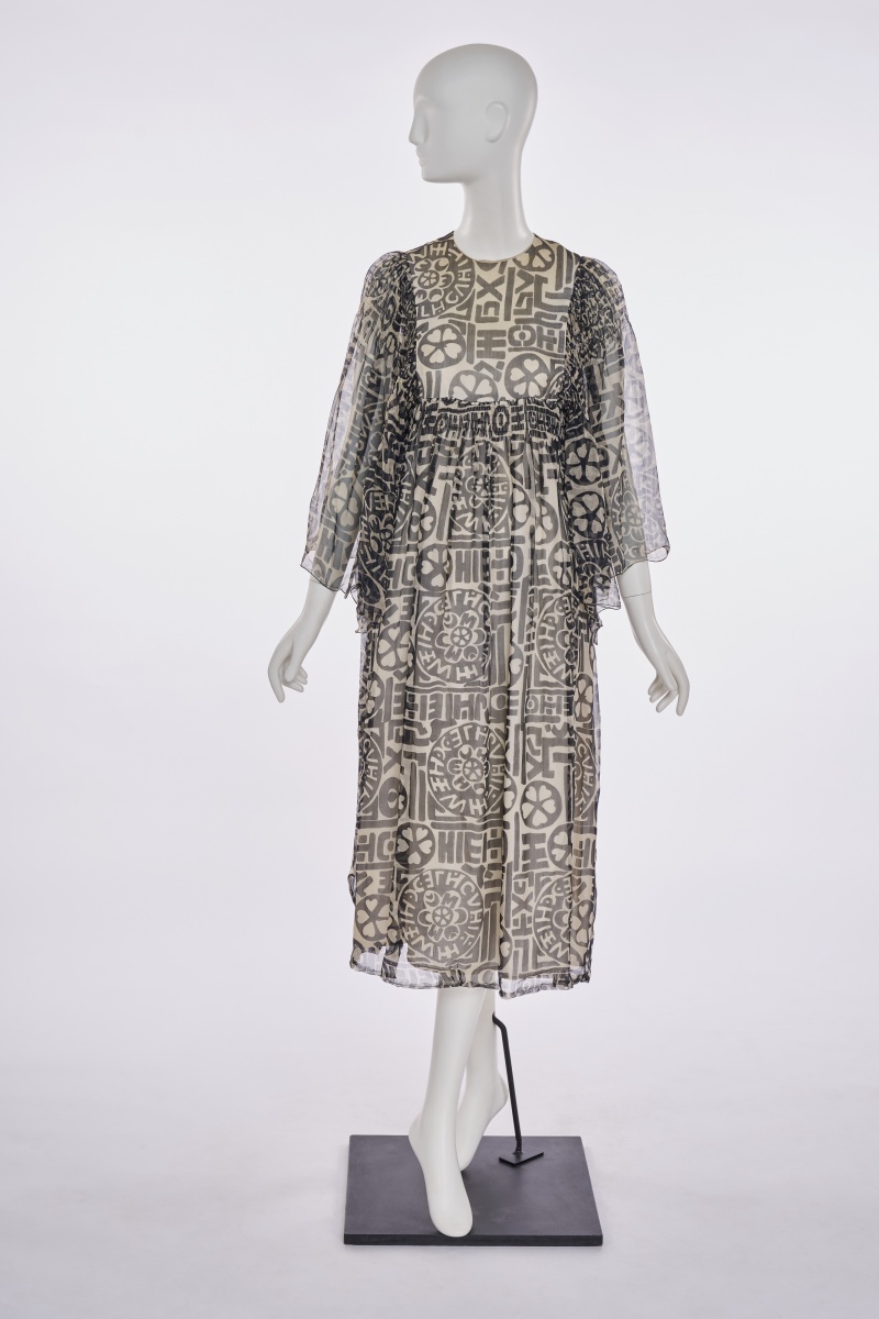 A Thea Porter black and white printed chiffon 'Faye' dress, 1970s