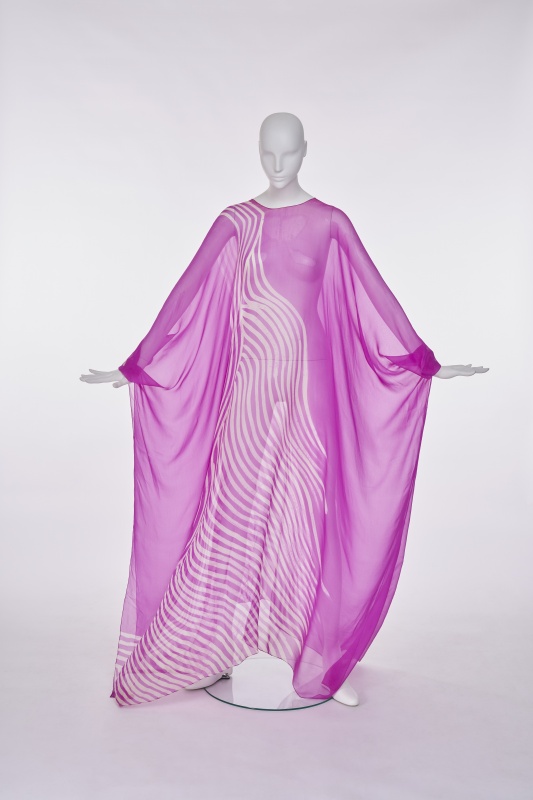 A Halston printed magenta and white batik effect chiffon caftan, circa 1975