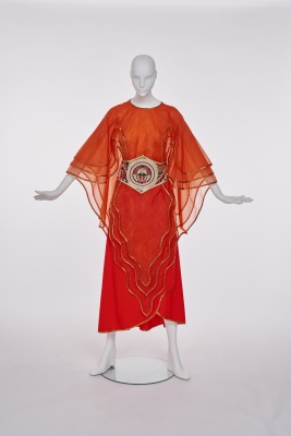 A rare Kaisik Wong orange jersey and organdie ensemble, 1970s