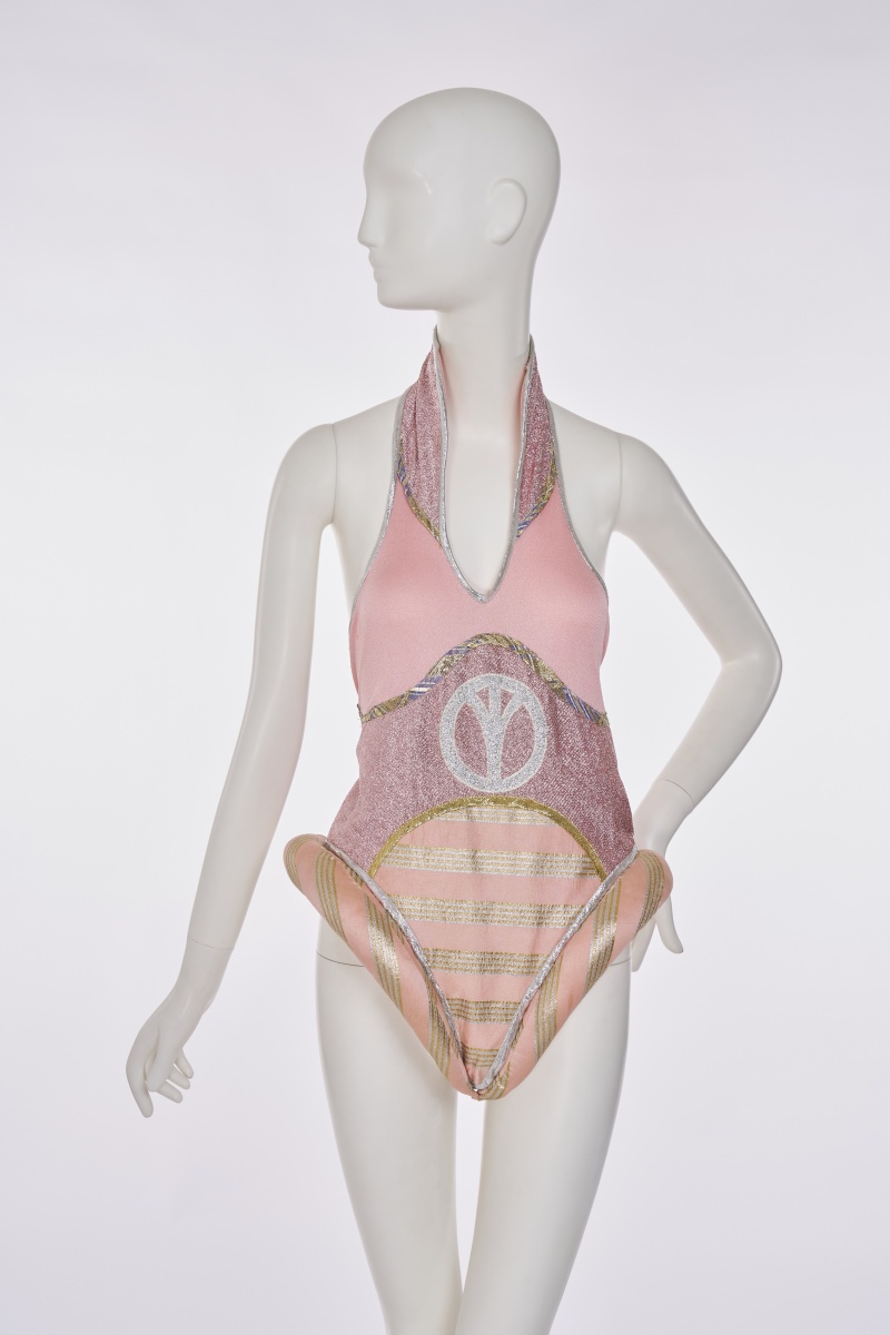 A rare Kaisik Wong pink jersey and lurex 'Peace' thong, 1970s