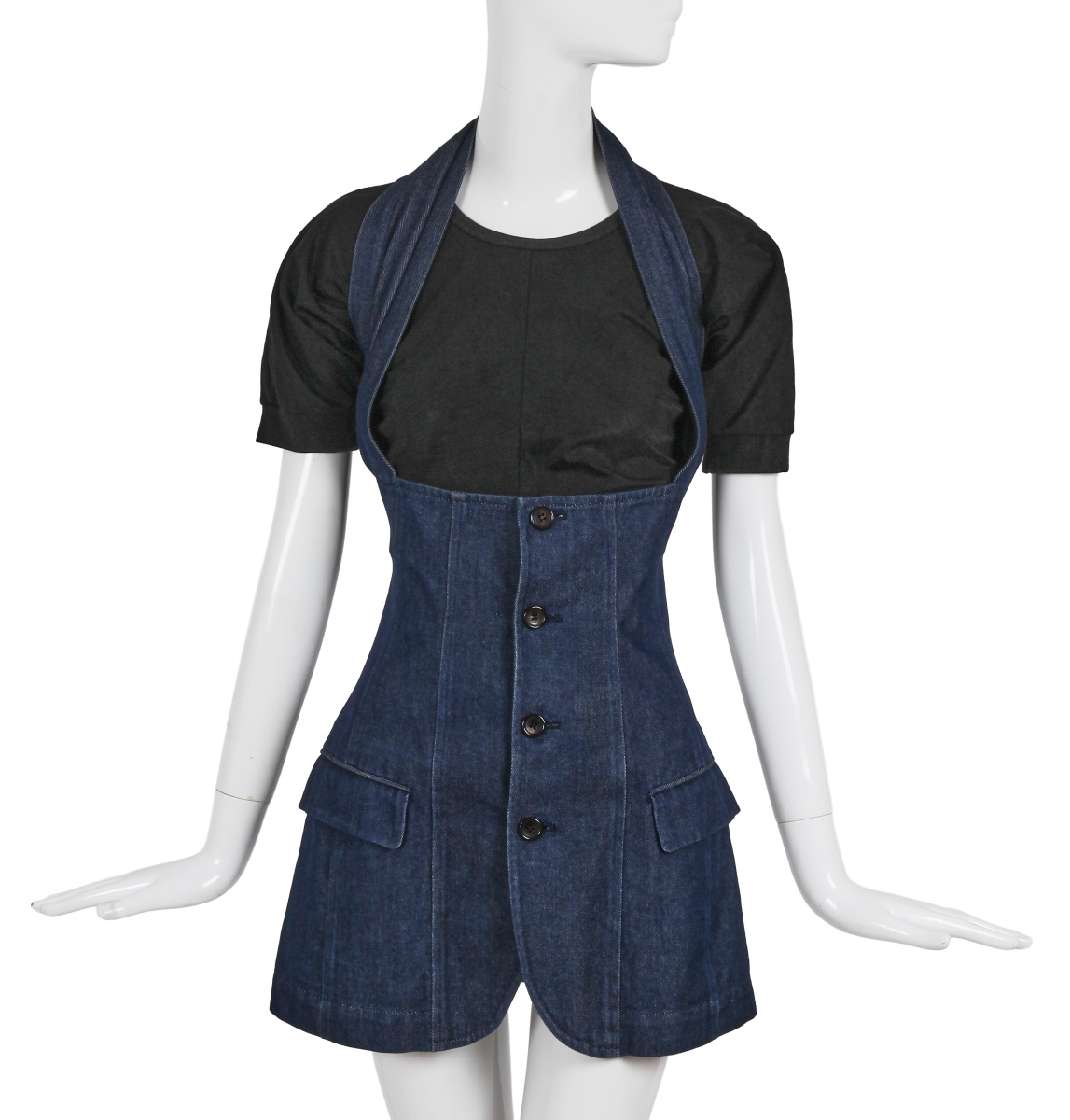 A Comme des Gar&ccedil;ons blue denim pinafore skirt, 'Young Chic, No Shoulder' collection, Spring-Summer 1987