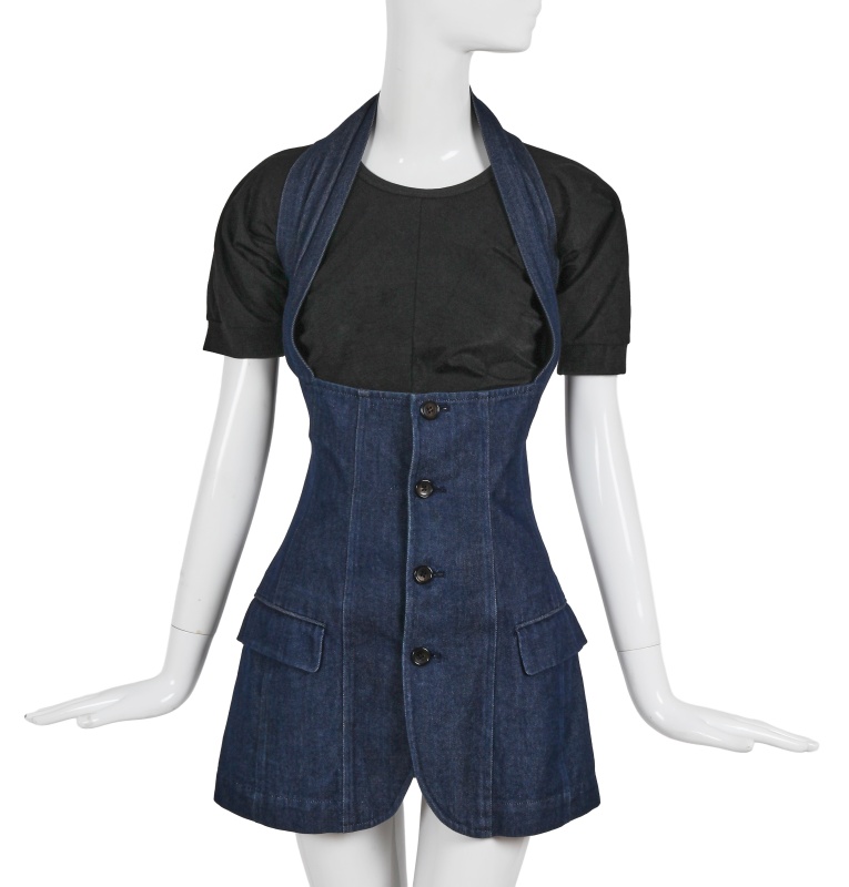 A Comme des Gar&ccedil;ons blue denim pinafore skirt, 'Young Chic, No Shoulder' collection, Spring-Summer 1987