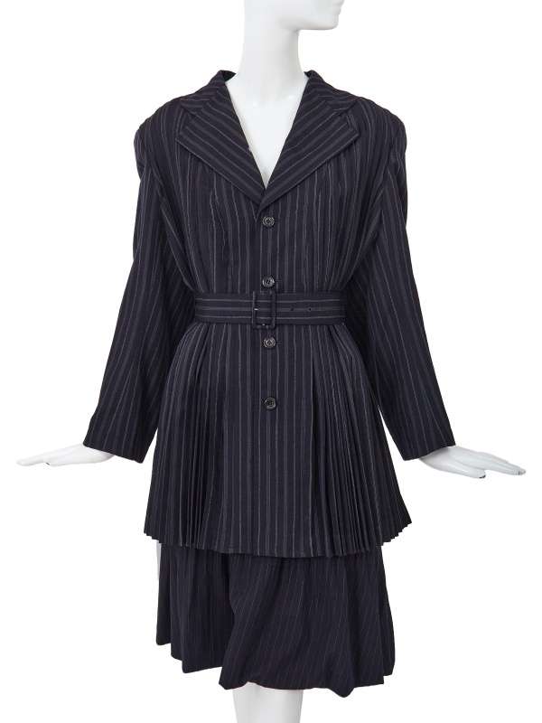A Comme des Gar&ccedil;ons navy pinstriped wool suit, 'White Shirt + Pants, Khaki, Lili Marleen' collection, Autumn-Winter 1987-88