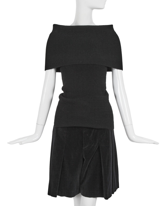 A Comme des Gar&ccedil;ons black velvet and wool ensemble, 'White Shirt + Pants, Khaki, Lili Marleen' collection, Autumn-Winter 1987-88