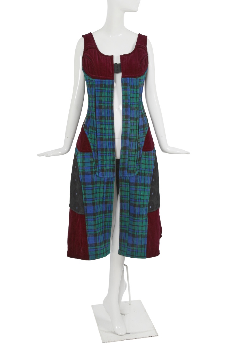 A Comme des Gar&ccedil;ons burgundy velvet and tartan wool dress, 'Beyond Taboo' collection, Autumn-Winter 2001-02
