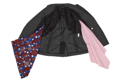A Comme des Gar&ccedil;ons pinstriped wool and African hairstyle print suit, 'Cacophony' collection, Spring-Summer 2008 - 9