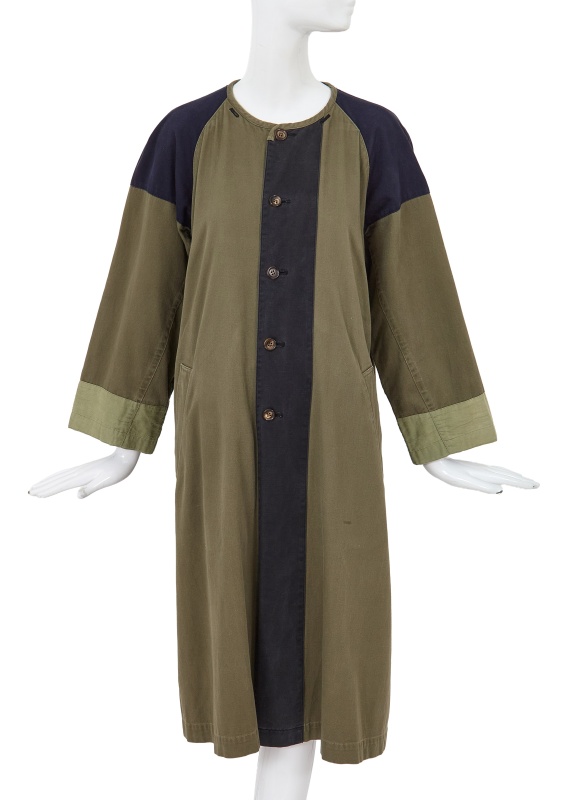 A Comme des Gar&ccedil;ons green and navy cotton drill coat, probably 'Indigo Dye and Twist' collection, Spring-Summer 1982