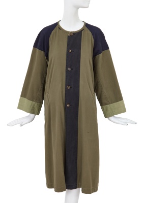 A Comme des Gar&ccedil;ons green and navy cotton drill coat, probably 'Indigo Dye and Twist' collection, Spring-Summer 1982