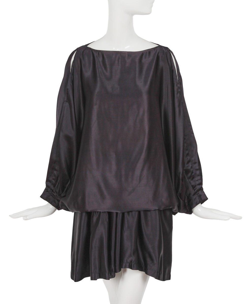 A Comme des Gar&ccedil;ons dark blue satin ensemble, 'Holes' collection, Autumn-Winter 1982-83
