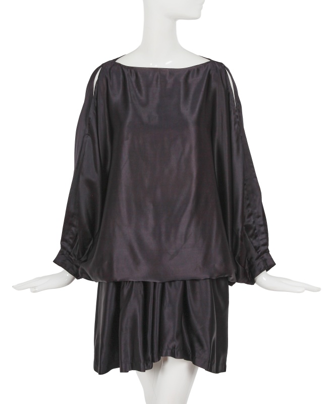 A Comme des Gar&ccedil;ons dark blue satin ensemble, 'Holes' collection, Autumn-Winter 1982-83