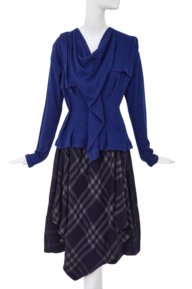 A Comme des Gar&ccedil;ons blue wool-blend ensemble, 'Gloves, Skirts, Quilted Big Coats' collection, Autumn-Winter 1983-84
