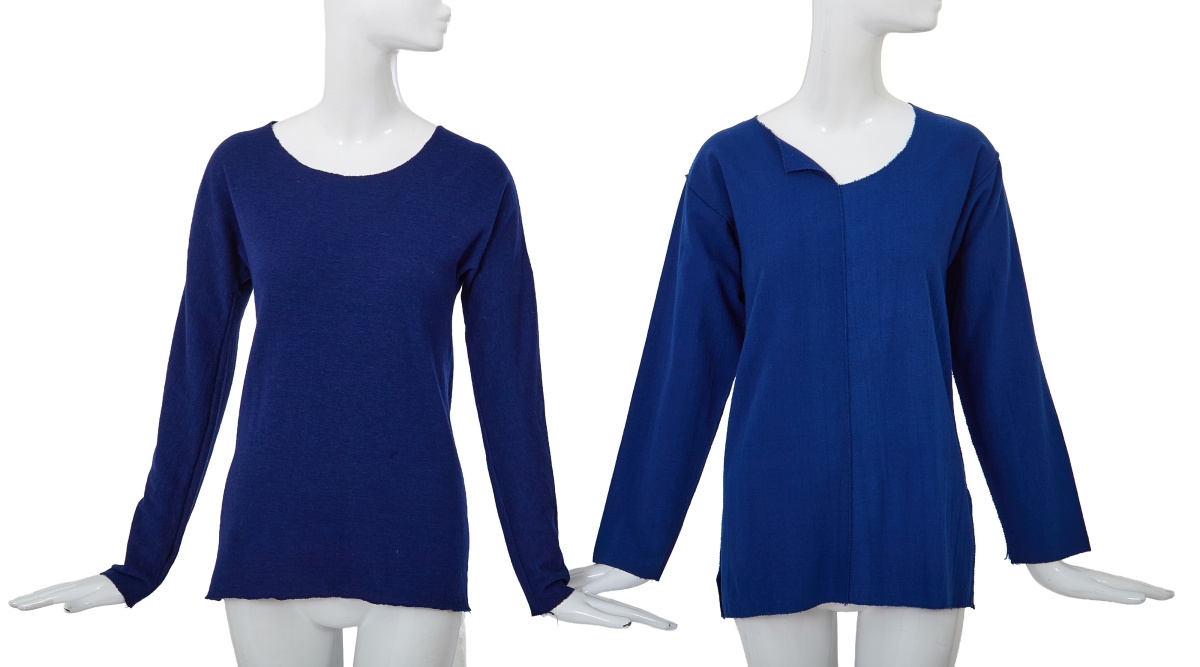 Two Comme des Gar&ccedil;ons blue wool tops, 'Gloves, Skirts, Quilted Big Coats' collection, Autumn-Winter 1983-84