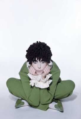 Peggy Moffit's Rudi Gernreich bright green knitted ensemble and wig, Fall 1968