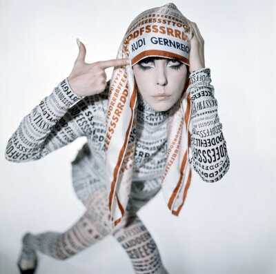 Peggy Moffit's Rudi Gernreich lycra 'Typeface' ensemble, Fall 1968