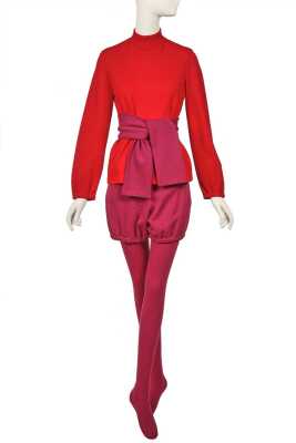 Peggy Moffitt's Rudi Gernreich red and purple wool ensemble, 1971
