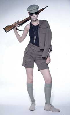 Peggy Moffitt's Rudi Gernreich black and tan 'Back to School' ensemble, Resort 1971