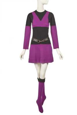 Peggy Moffitt's Rudi Gernreich purple and black dress ensemble, Fall 1971