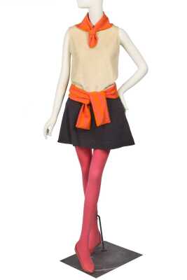 Peggy Moffitt's Rudi Gernreich cream, navy, pink and orange knit ensemble, Spring 1973