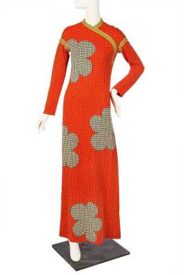 Peggy Moffitt's Rudi Gernreich colorful checked jersey 'Warhol' flowers maxi dress, Fall 1973