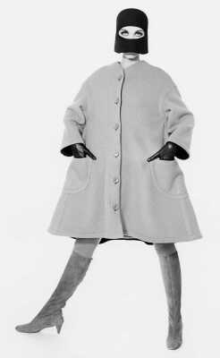 Peggy Moffit's Rudi Gernreich camel and black wool reversible ensemble with wool helmet, Fall 1964