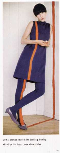 Peggy Moffitt's Rudi Gernreich purple mini dress and stockings, Fall 1965