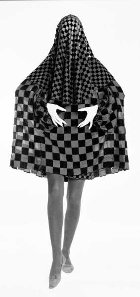 Peggy Moffit's Rudi Gernreich 'Goya Lady' chequered black devor&eacute; ensemble, Fall 1966, worn in the BASIC BLACK film, 1967,