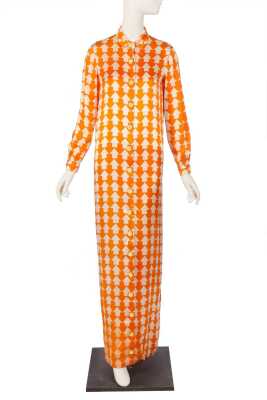 Peggy Moffitt's Rudi Gernreich Tzaims Luksus arrow-print satin maxi dress, 1966