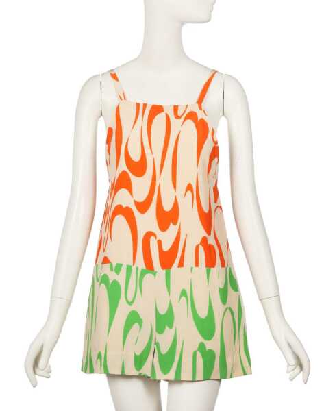 Peggy Moffitt's Rudi Gernreich ivory, orange and green printed romper, probably Resort 1967