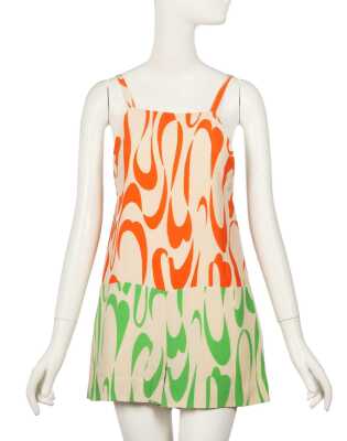 Peggy Moffitt's Rudi Gernreich ivory, orange and green printed romper, probably Resort 1967