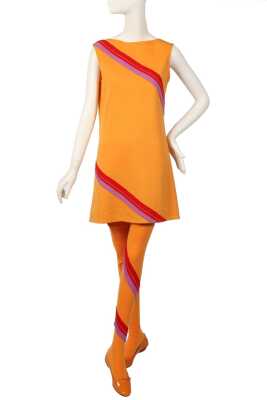 Peggy Moffitt's Rudi Gernreich tangerine jersey mini dress and stockings, Fall 1967