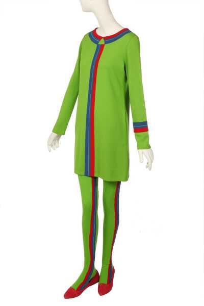 Peggy Moffitt's Rudi Gernreich acid green jersey mini dress and stockings, Fall 1967