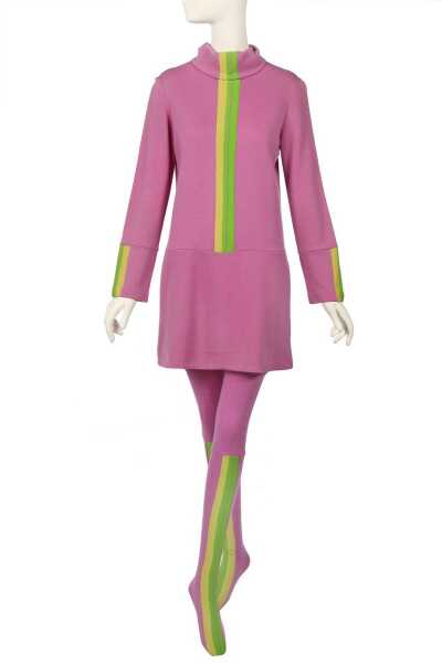 Peggy Moffitt's Rudi Gernreich lilac and green jersey mini dress and stockings, Fall 1967